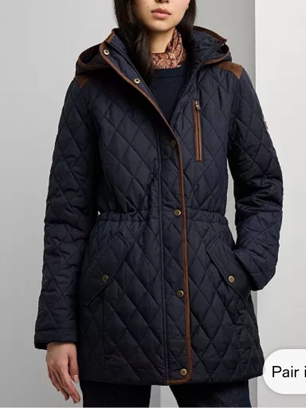 Lauren Ralph Lauren Navy Quilted Hooded Puffer with Brown Trim